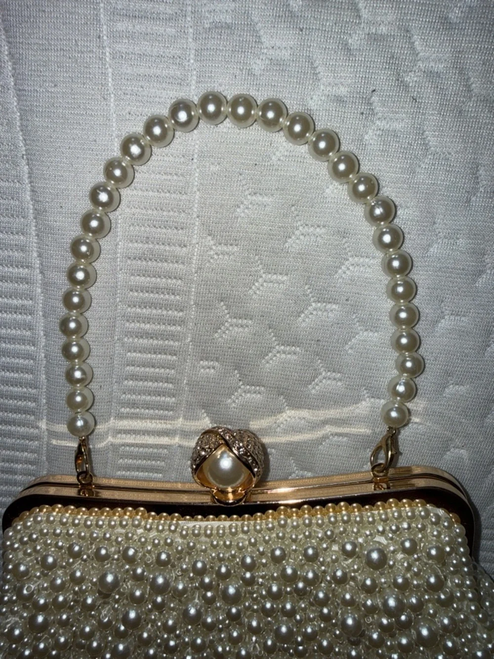 Pearl-Embellished Cream Evening Clutch - Elegant Pearl Handle